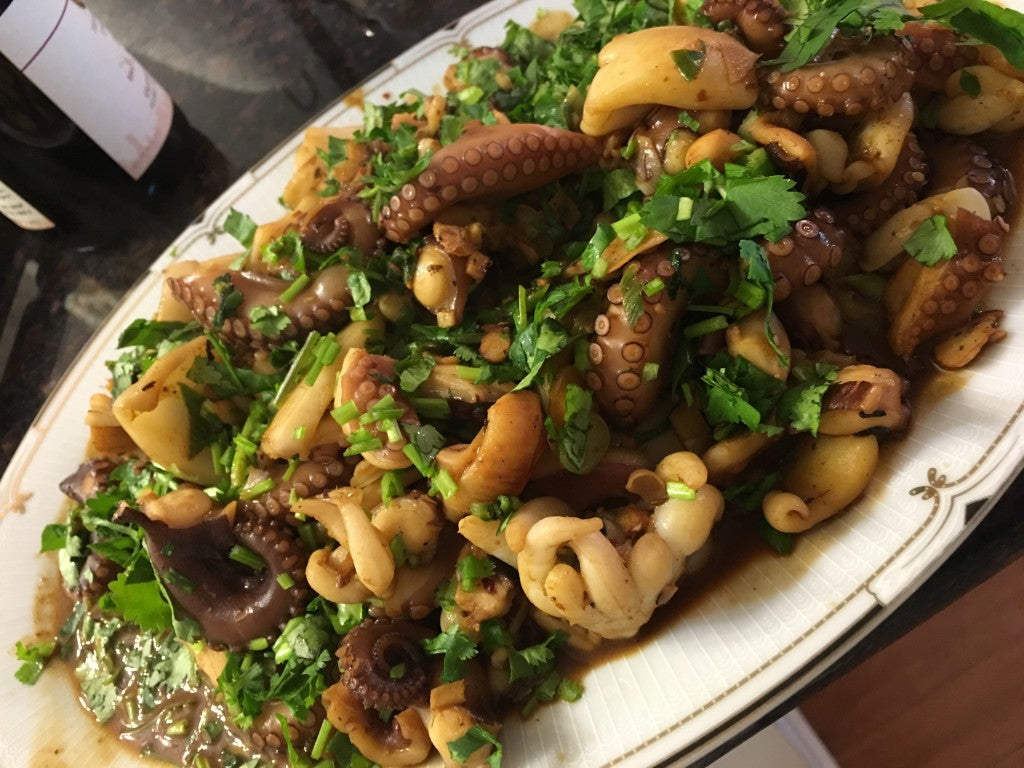 Woked Baby Octopus and Sepia with Ginger, Garlic, Scallion and Cilantro