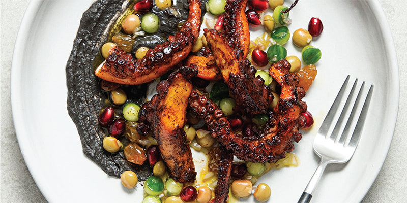 Sous-Vide Octopus with Squid Ink Hummus and Pomegranate Salad