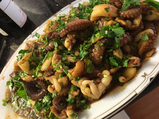 Woked Baby Octopus and Sepia with Ginger, Garlic, Scallion and Cilantro